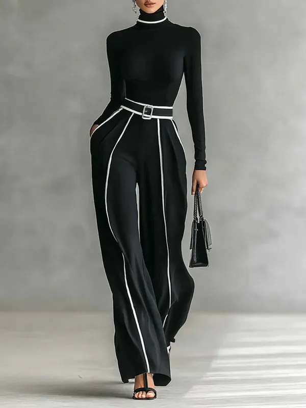 High-neck Top & Wide-leg Pants Set (free Belt)