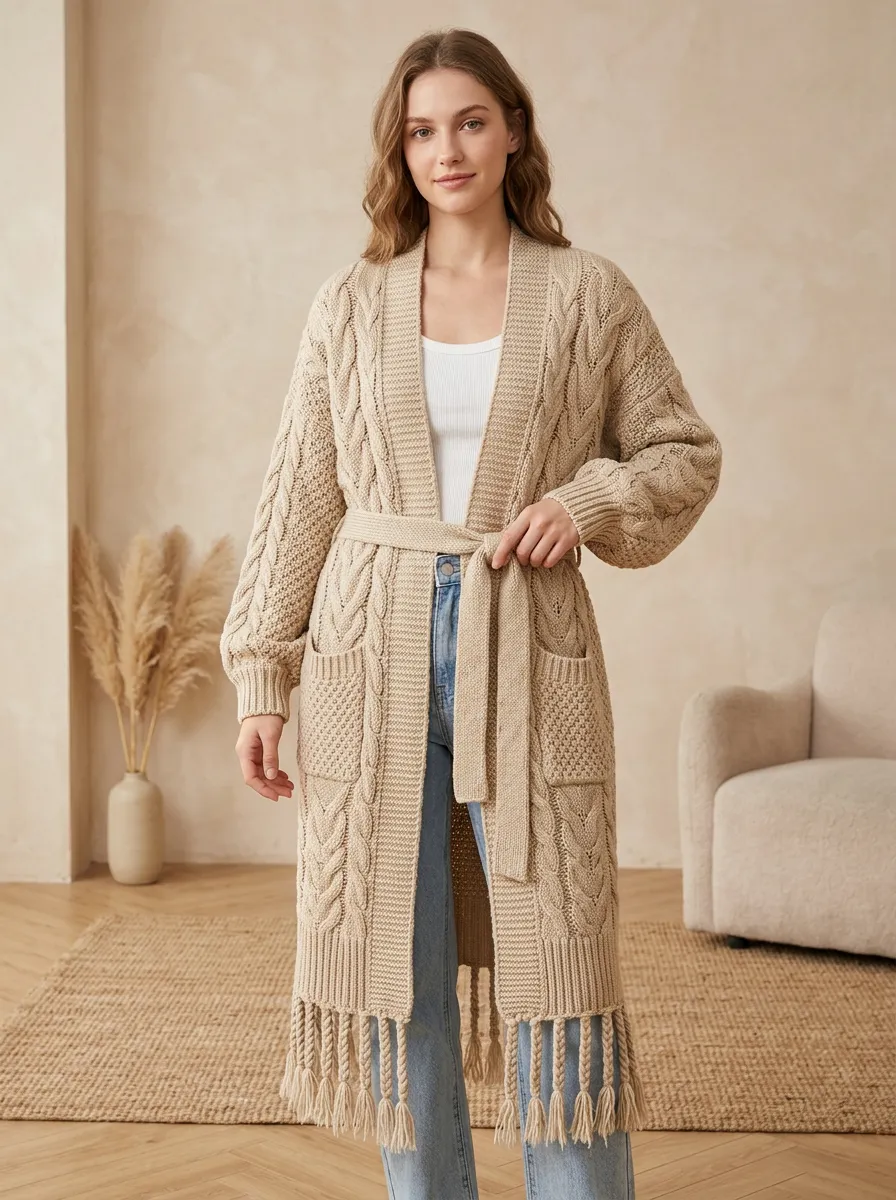 Women's Beige Cable Knit Tassel Belted Cardigan Top