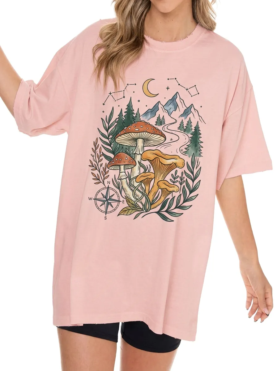 Women's Nature Mushroom Mountain Compass Graphic T-Shirt