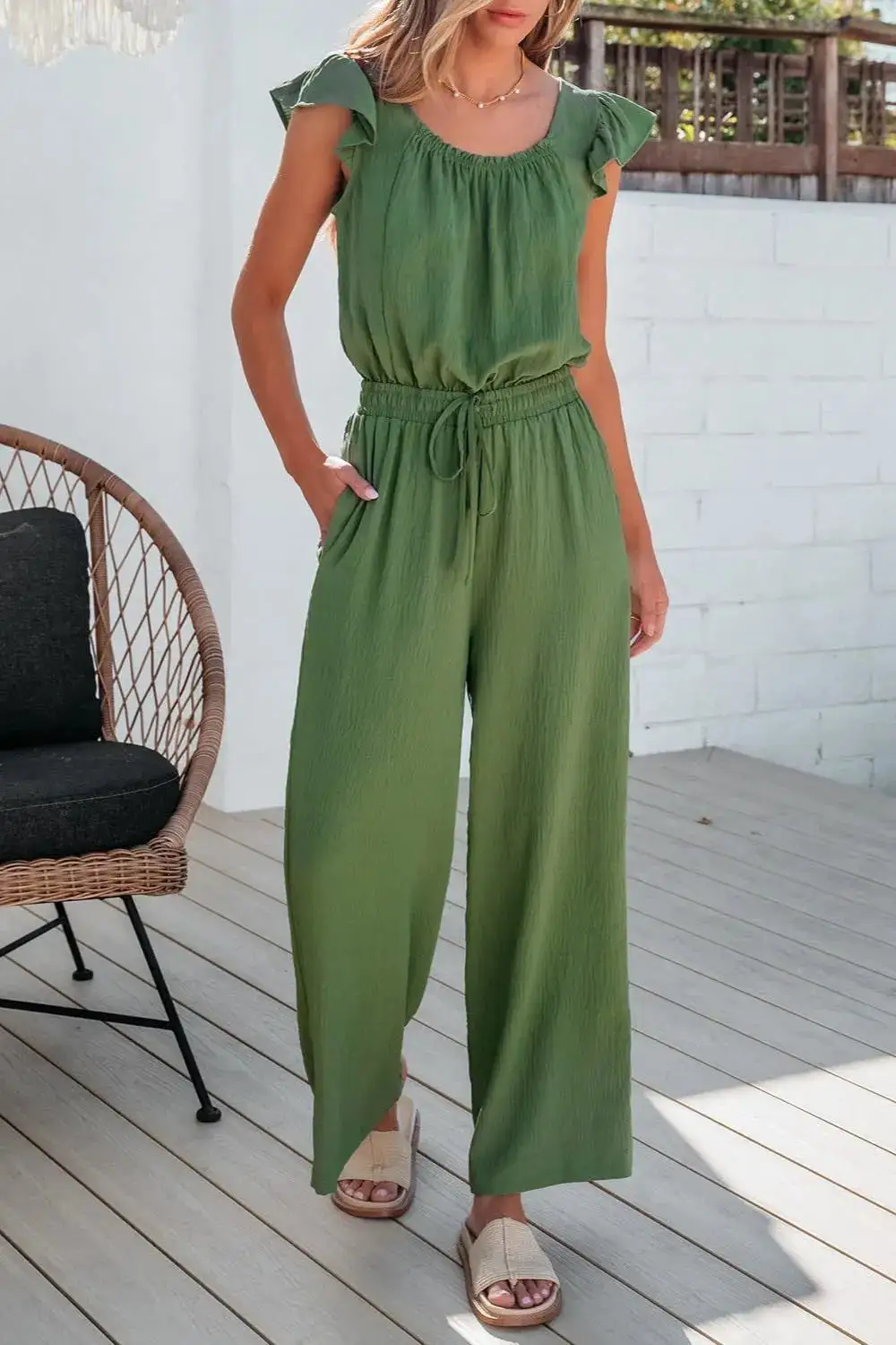 Ruffled Cap Sleeve Wide Leg Jumpsuit Accessory