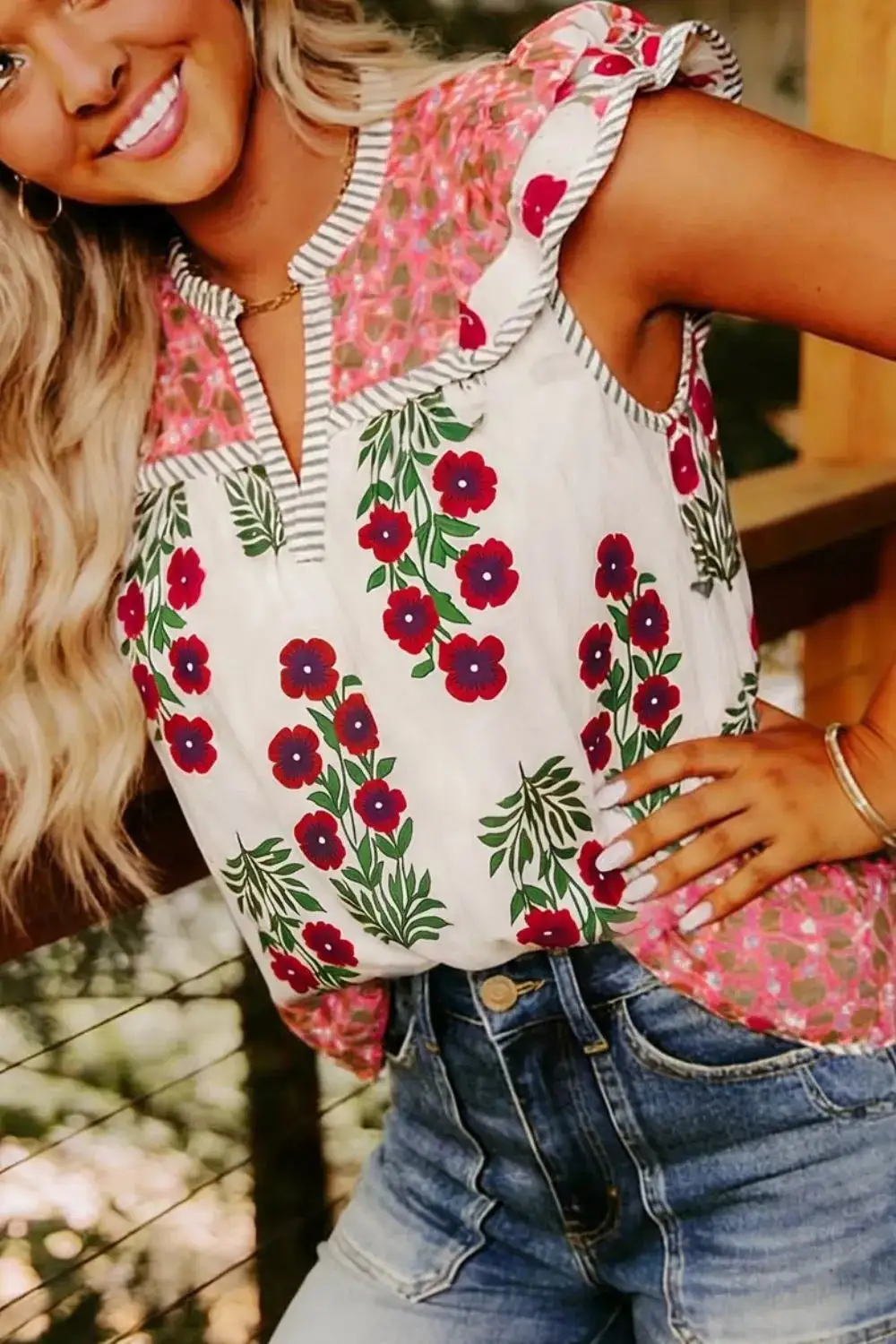 Floral Print Contrast Striped Trim Flutter Sleeve Cotton Blouse