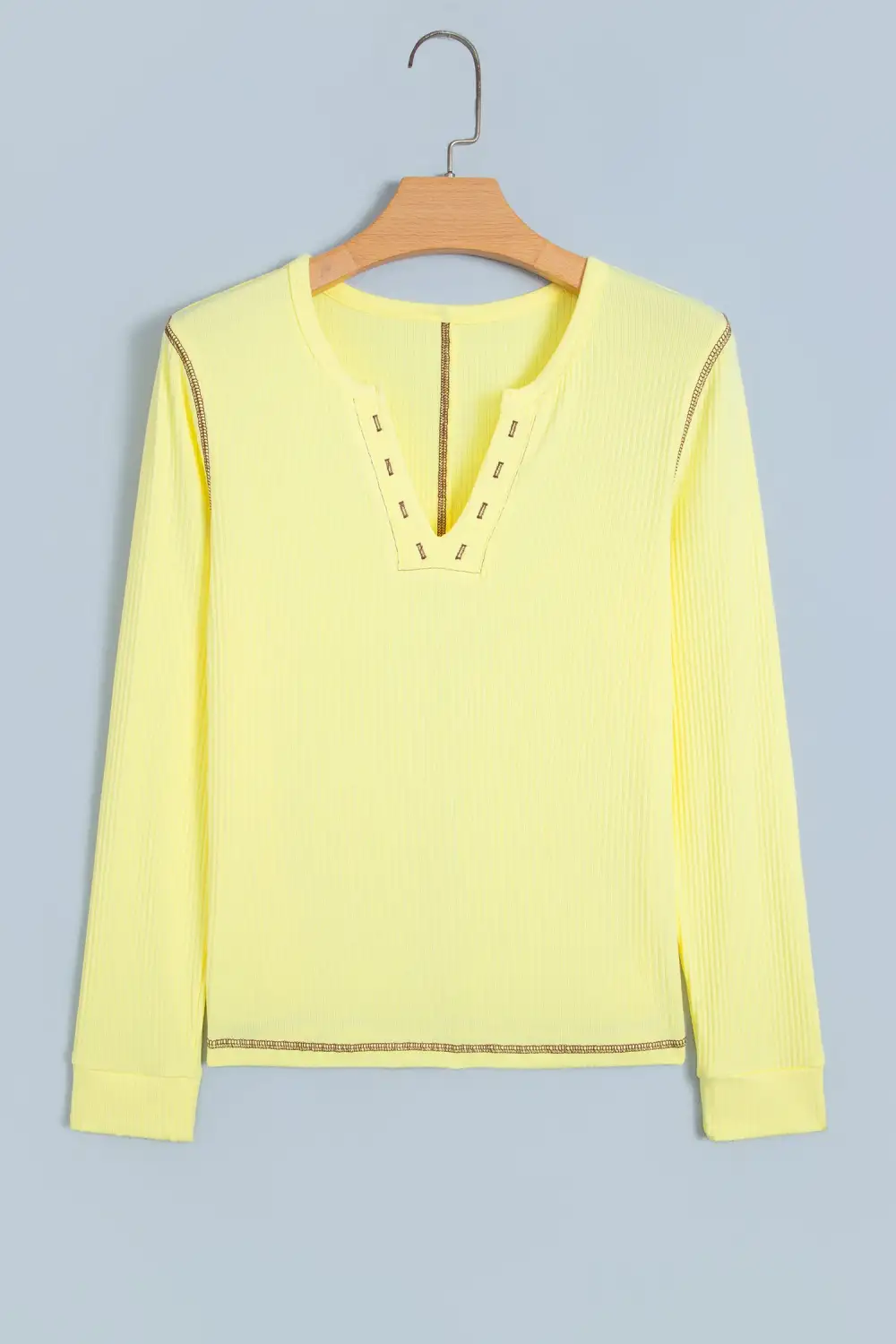 Solid V Neck Ribbed Relaxed Viscose Blend Long Sleeve Top