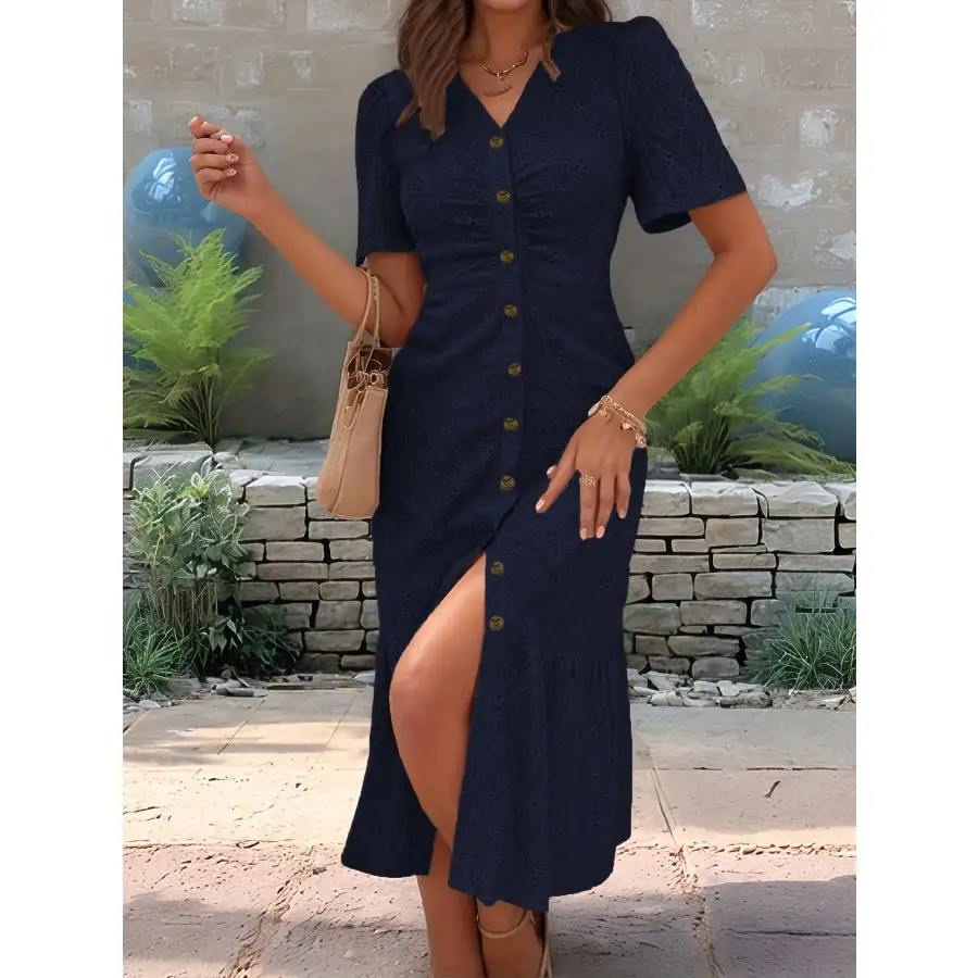Eyelet Button Front V-Neck Midi Dress