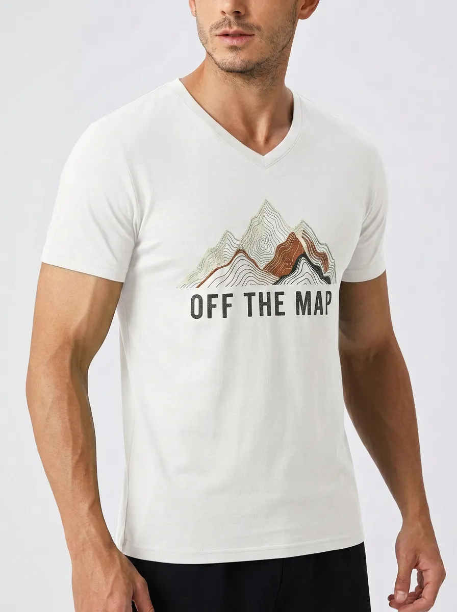 Men's Hiking Lover Off The Map Mountain Printed V-Neck T-Shirt