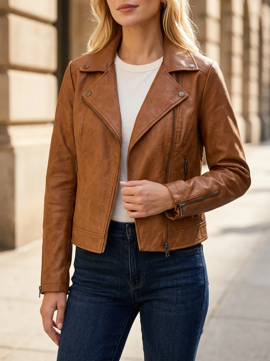 Women's Brown Faux Leather Moto Zip-Up Jacket