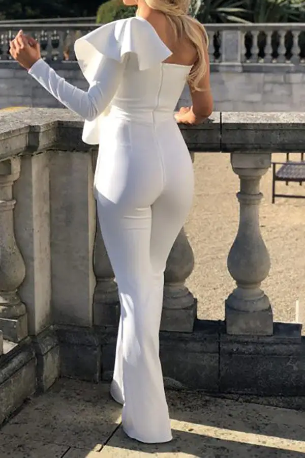 Ruffle Flared-Leg One Sleeve Jumpsuit