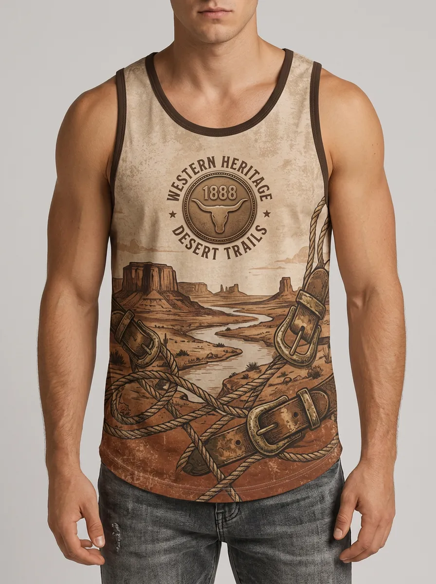 Men's Western Heritage Desert Trails Bull Skull Rope Printed Tank Top