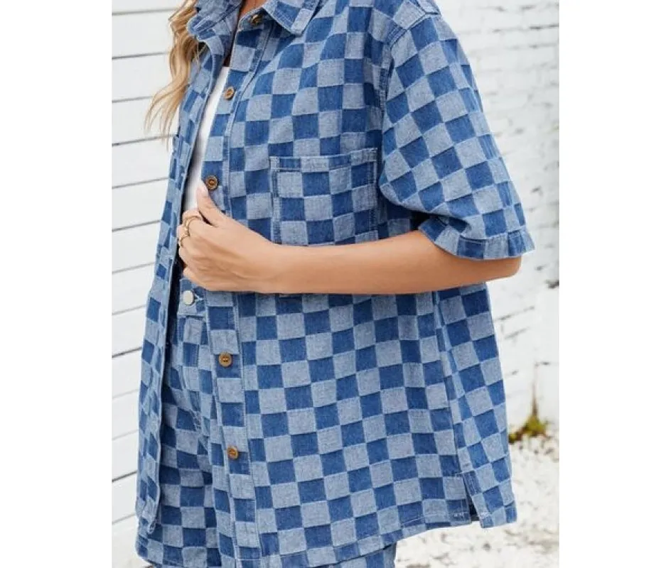 Button-Down Checkered Denim Shirt