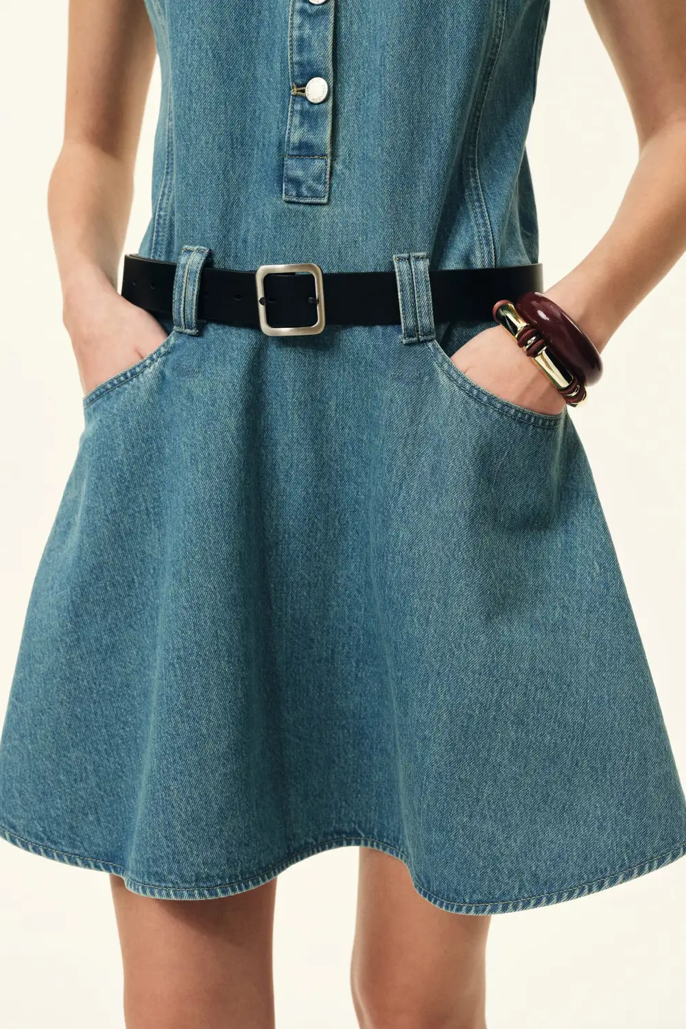 Sleeveless Belted Cotton Denim Mini Dress