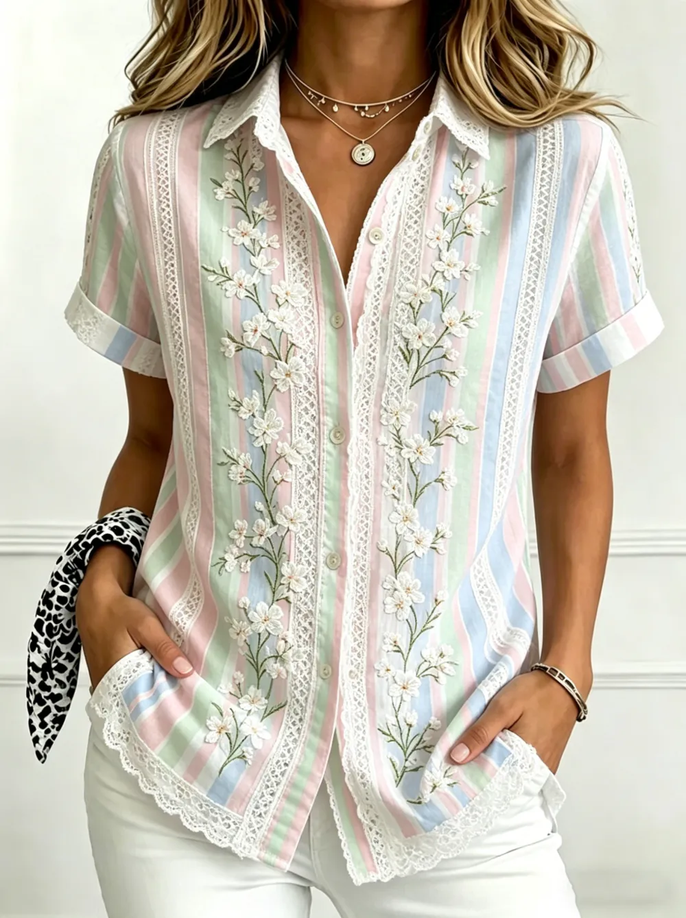 Women'S Casual Cotton Linen Flower Personality Printing Lapel Short Sleeve Shirt