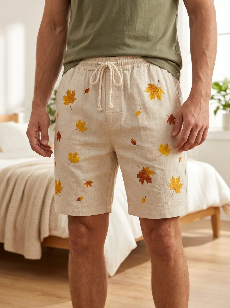 Maple Leaf Print Drawstring Capturing Shorts