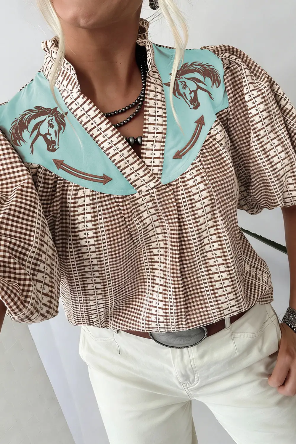 Polished Embroidered Puff Sleeve Gingham Blouse