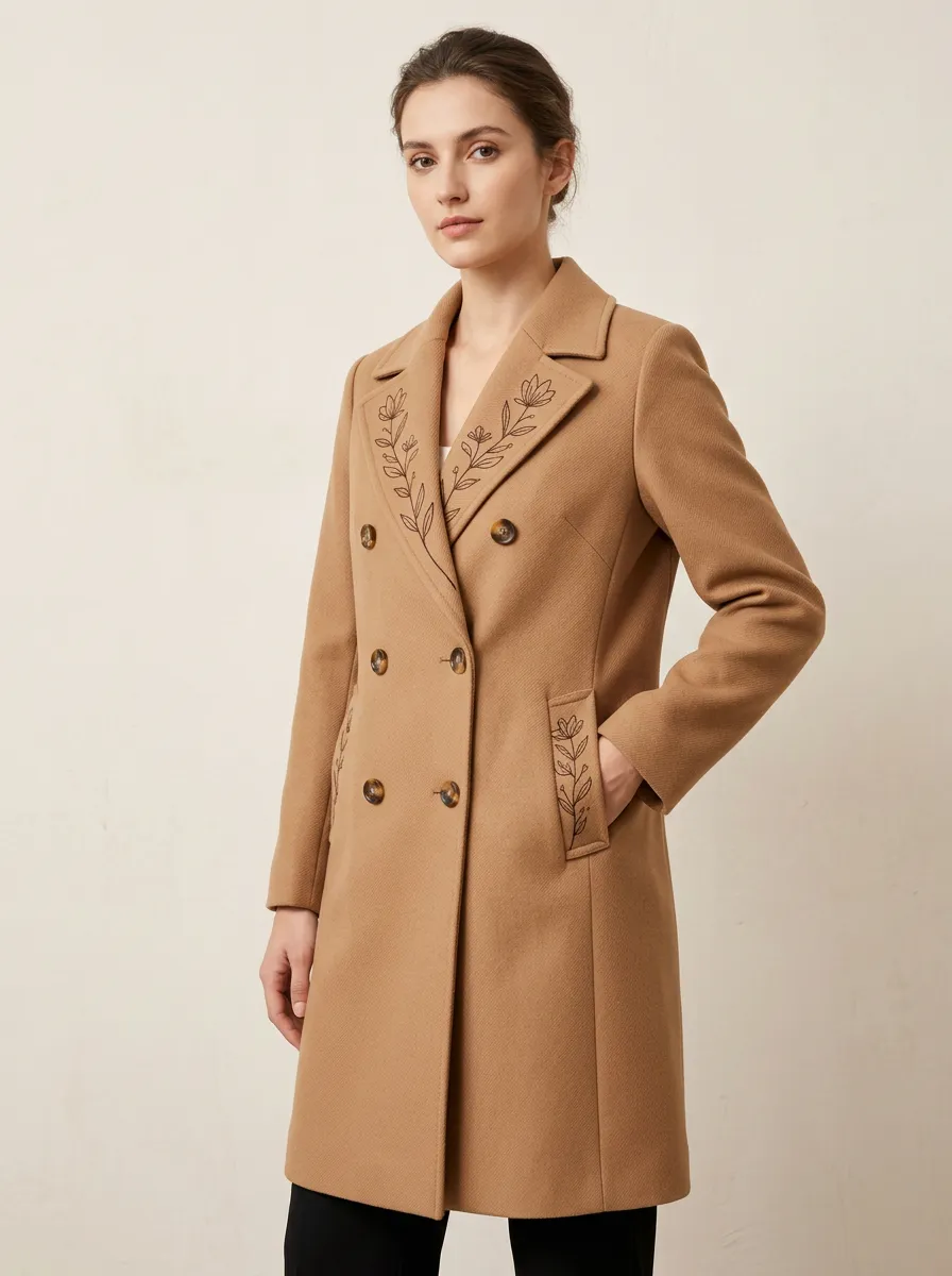 Women's Botanical Floral Line-Art Print Camel Coat