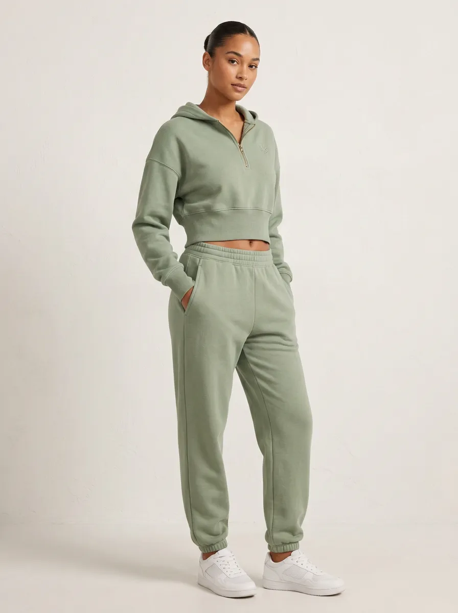 Women's Sage Green Quarter-Zip Cropped Hoodie and Jogger Set - Quarter-Zip