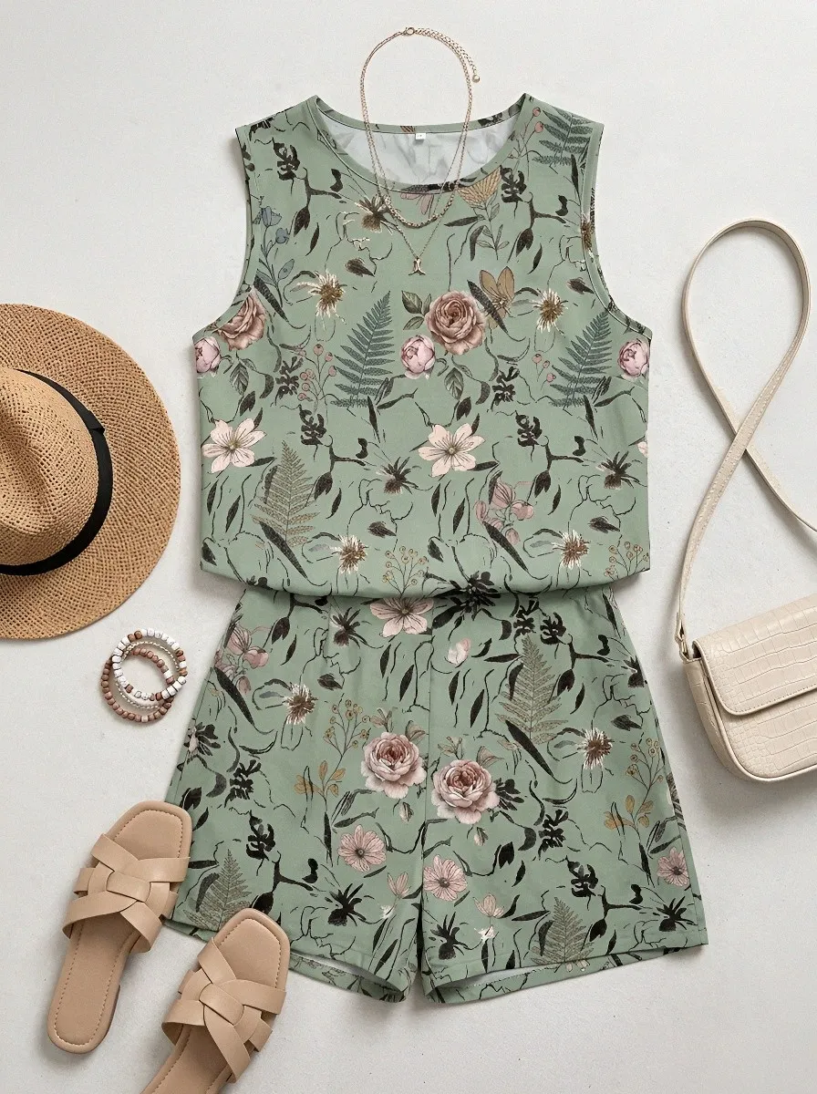 Women's Botanical Garden Floral Fern Printed Sleeveless Set