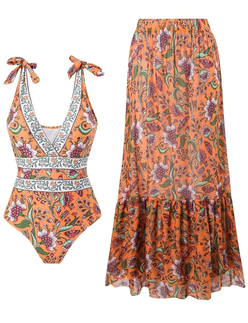 One Piece Swimsuit with Ruffle Hem Cover Up Skirt Set