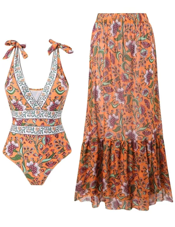 One Piece Swimsuit with Ruffle Hem Cover Up Skirt Set