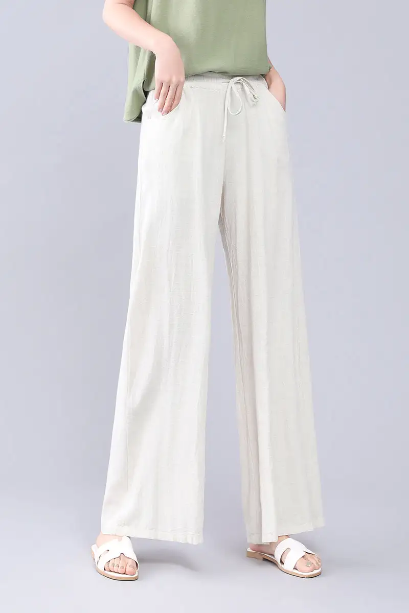 Versatile Linen Wide Leg High Waist Pocketed Trousers