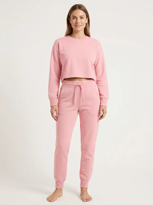 Women's Boxy Cropped Crewneck Drawstring Jogger Set