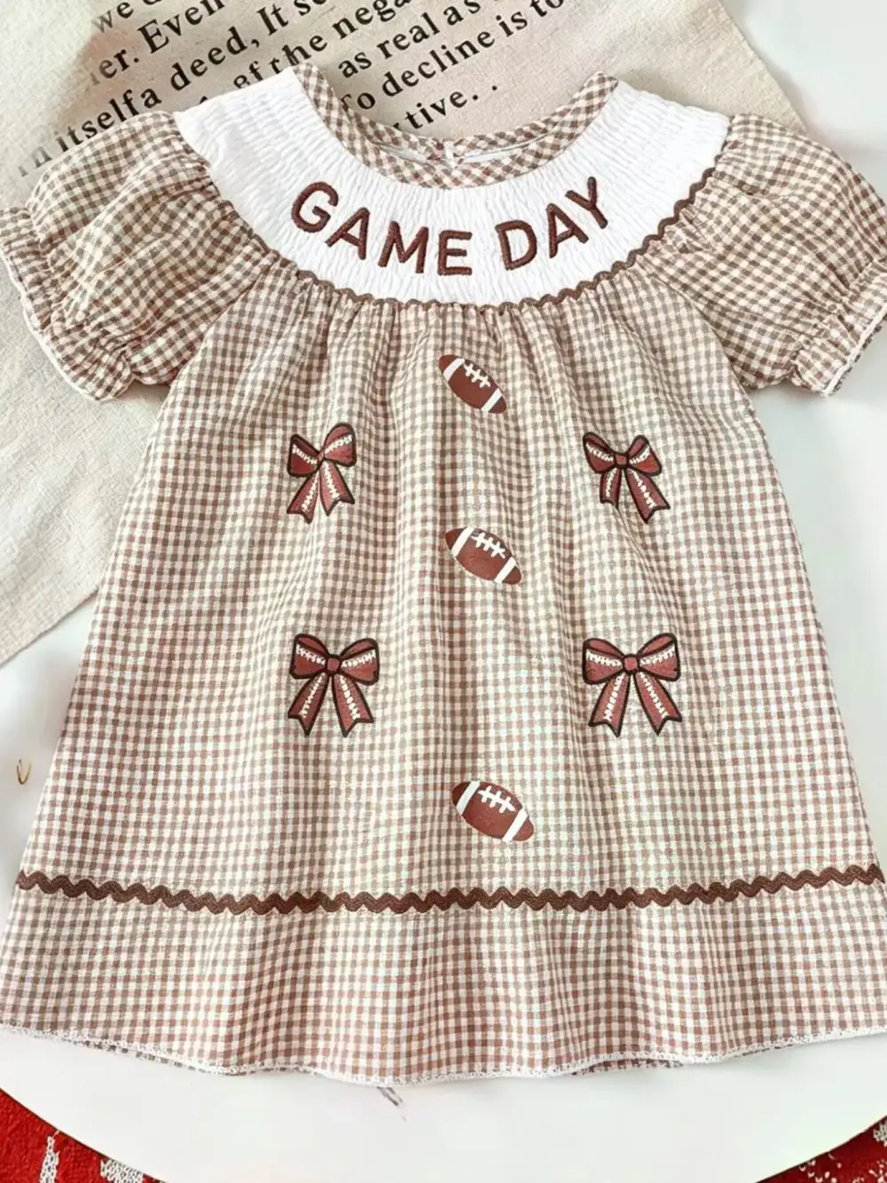 Girls Gingham Football Puff Sleeve Dress