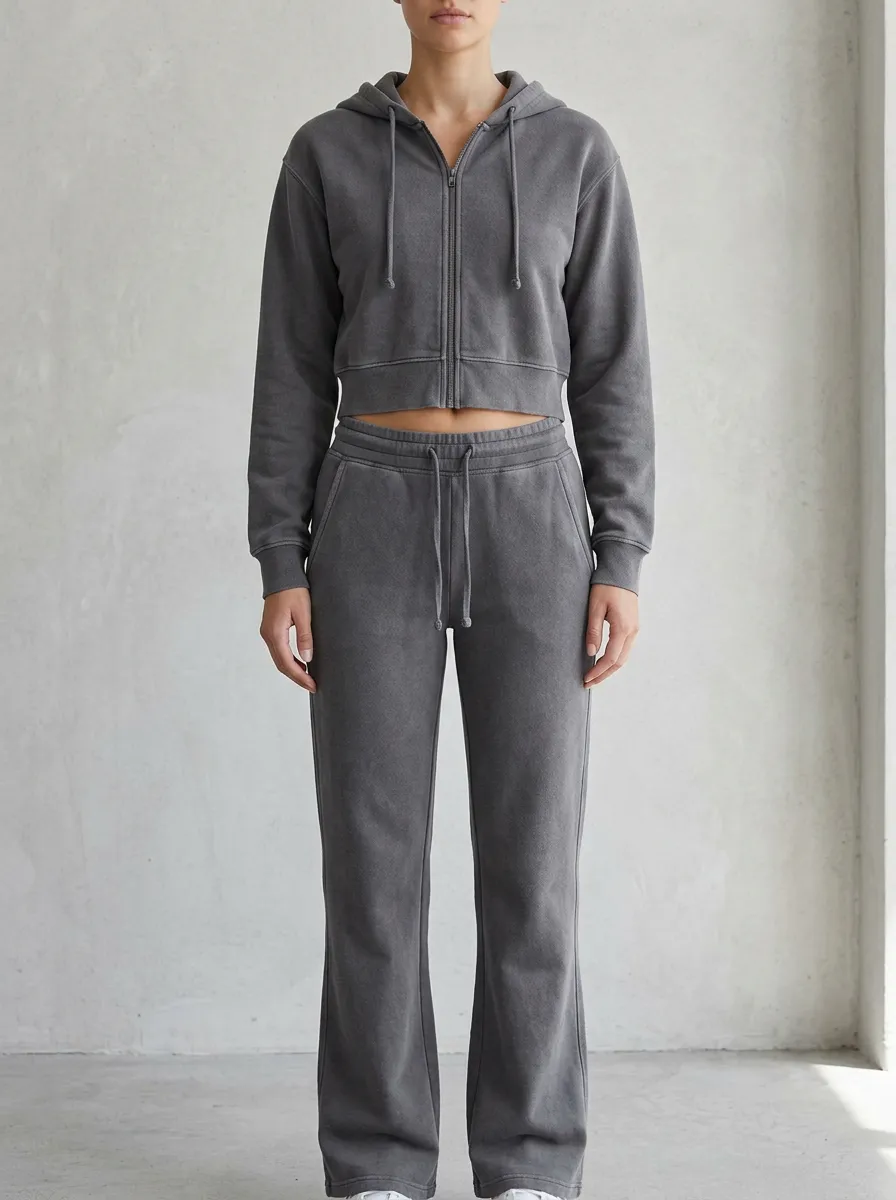 Women's Relaxed Sport Inspired Cropped Hooded Jacket and Flare Pants Active Set