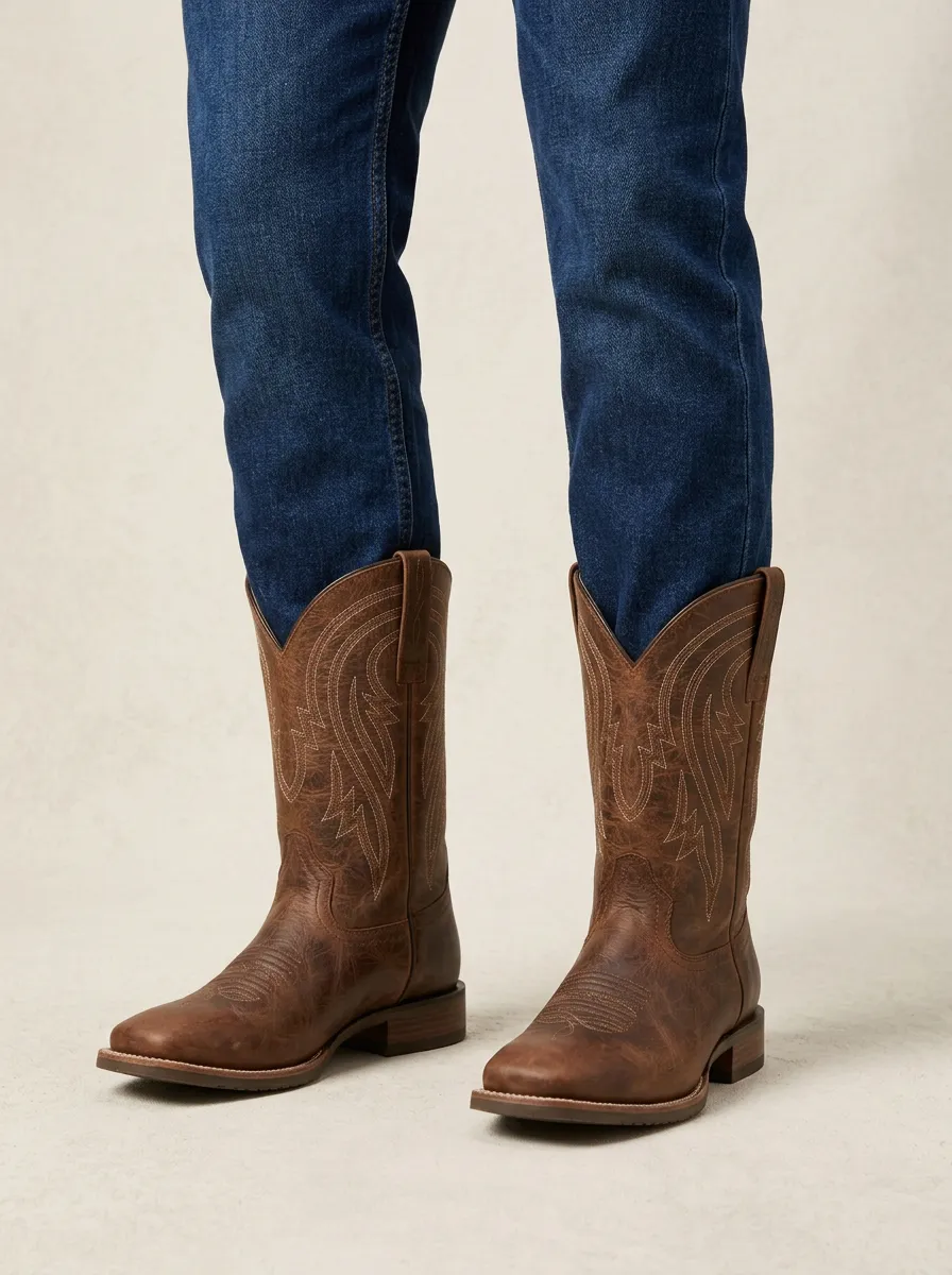 Men's Western Cowboy Brown Distressed Leather Embroidered Cowboy Boots