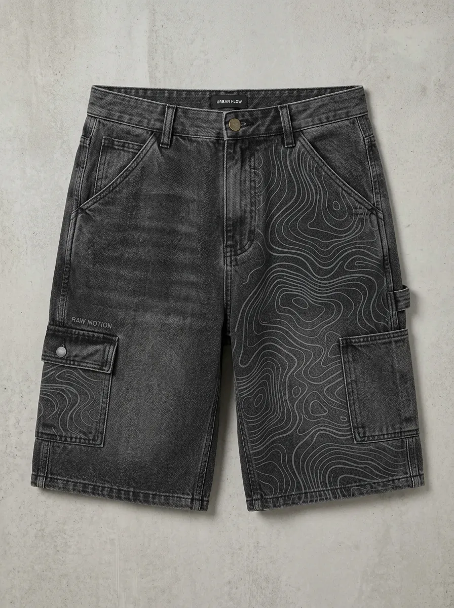 Casual Cargo Denim Topographic Men's Cargo Shorts