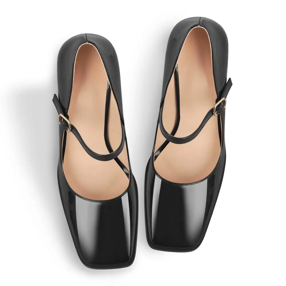Patent Finish Square Toe Chunky Heel Pumps