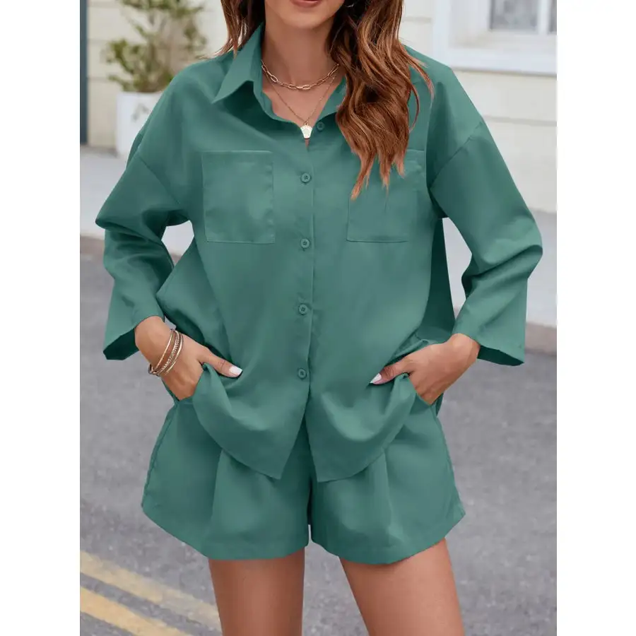 Relaxed Button Up Long Sleeve Top and Shorts Set