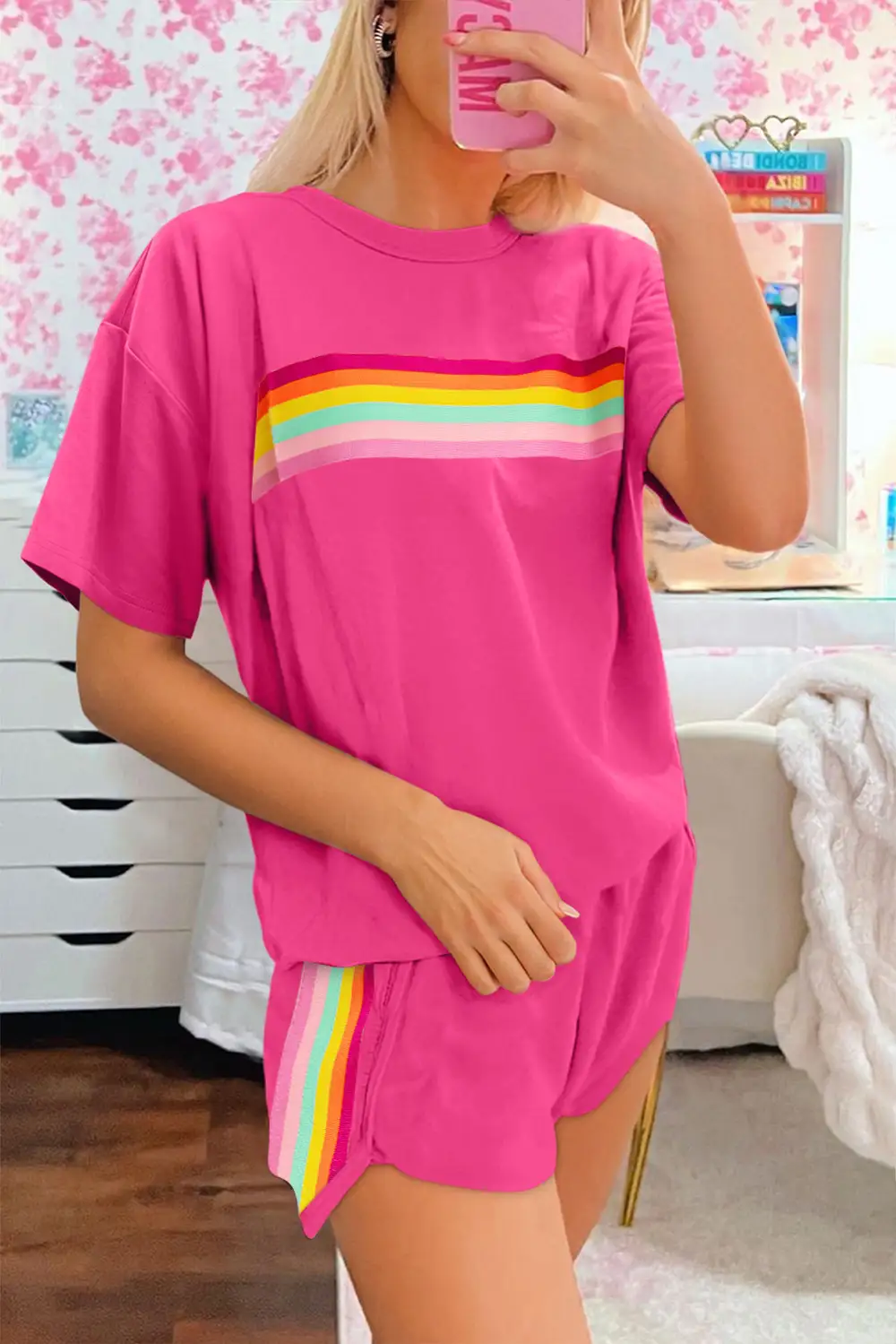 Women's Vibrant Striped Detail Athleisure Two Piece Short Set