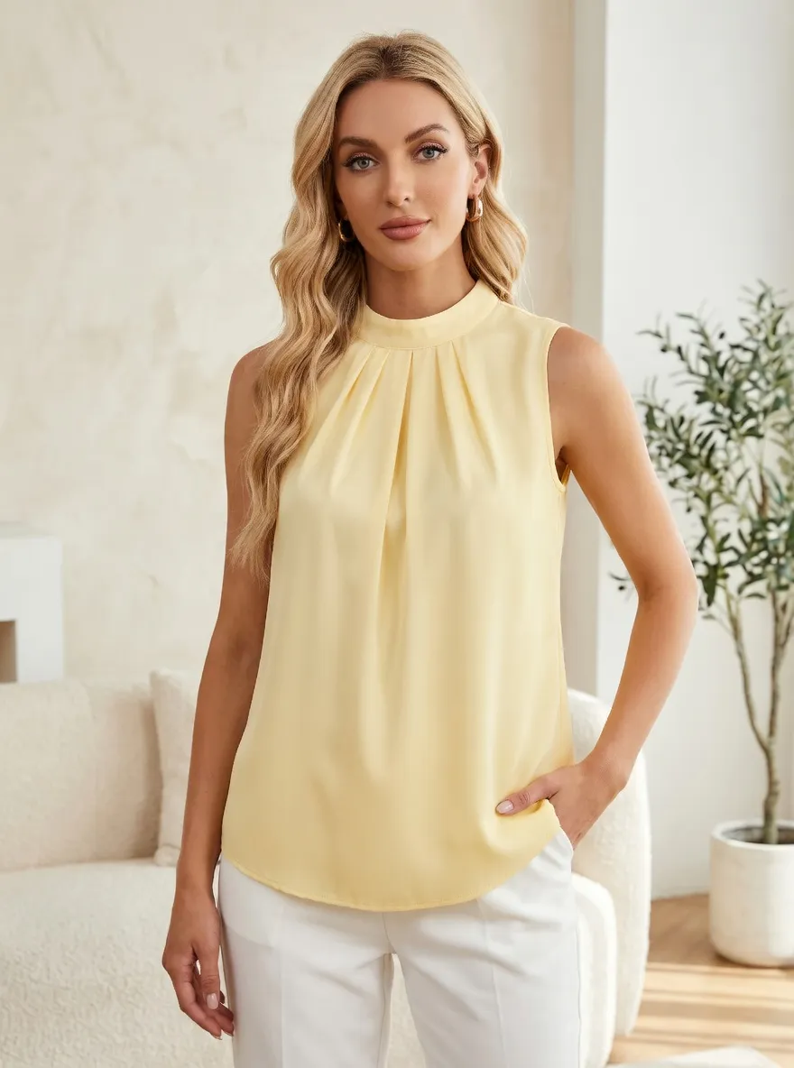 Mock Neck Pleated Sleeveless Satin Blouse