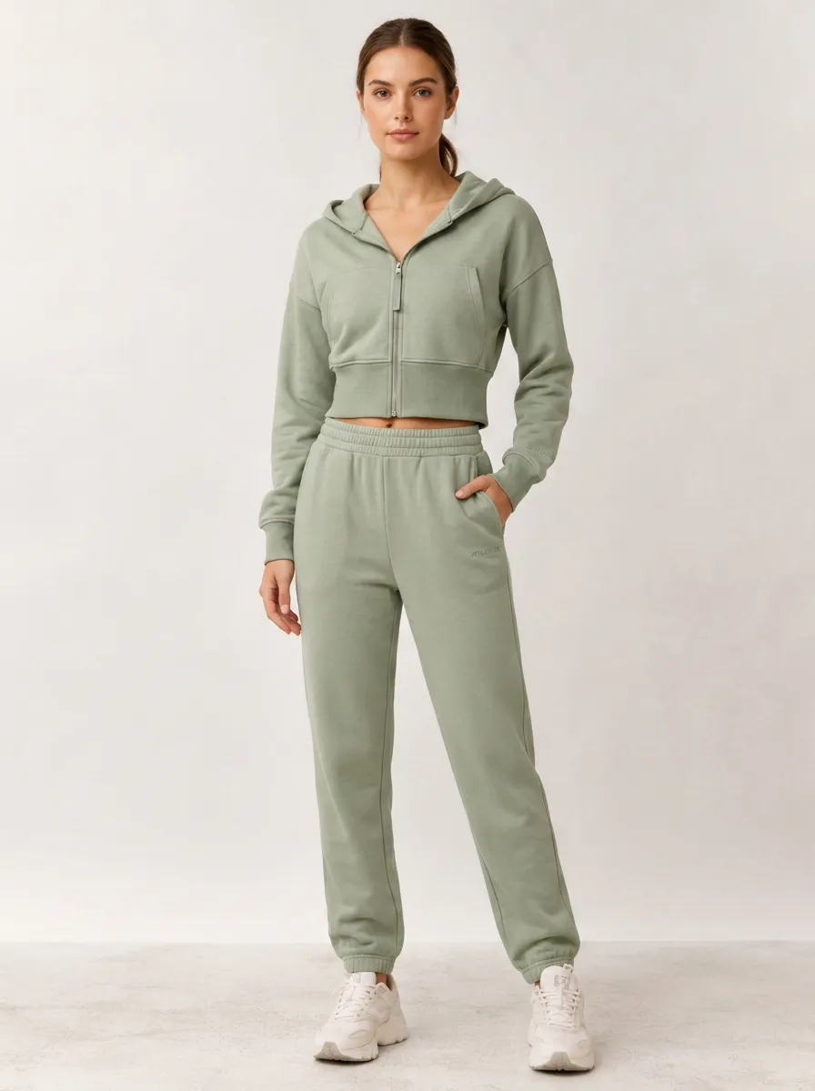 Women's Sage Green Solid Color Cropped Zip Hoodie Jogger Set