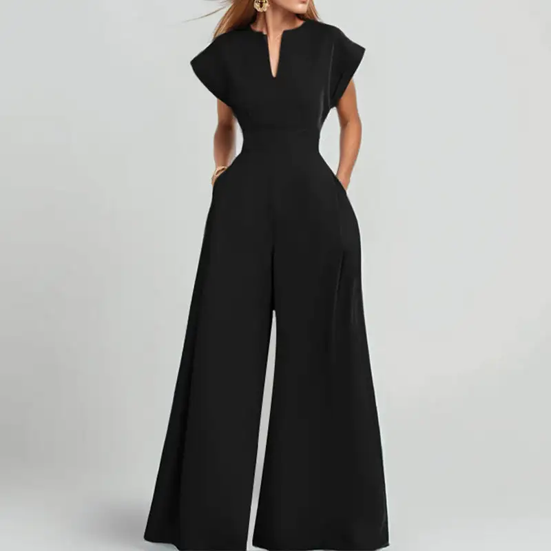 Refined V-Neck High-Waist Belted Jumpsuit