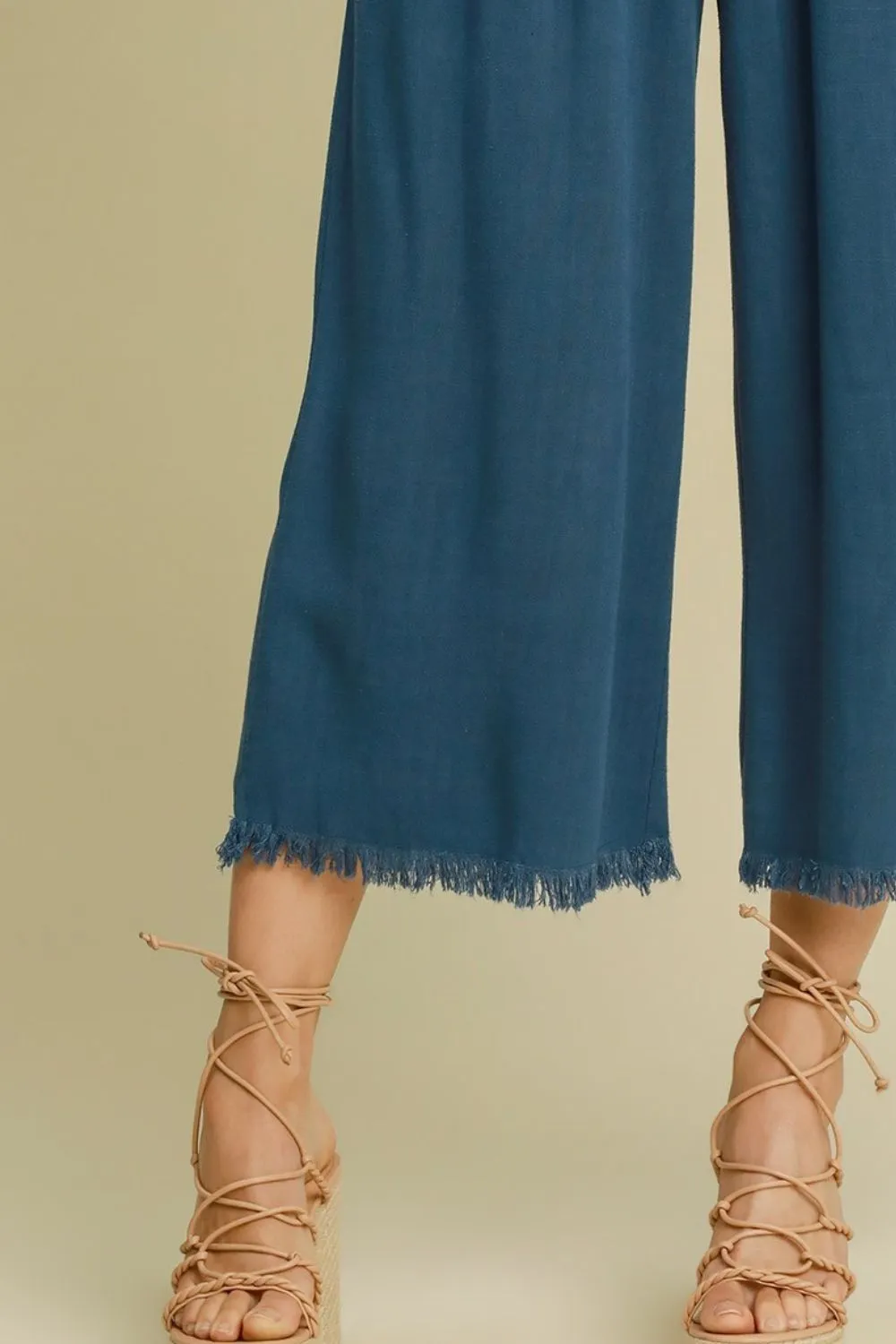 Linen Blend Elastic Waistband Wide Leg Pants