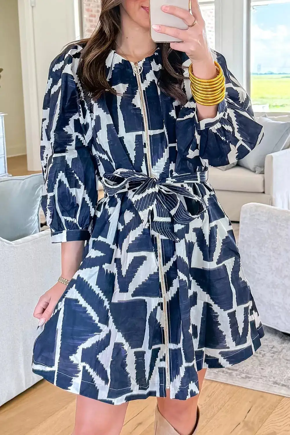 Abstract Geometric Print Zip-Front Tie Waist Shift Dress