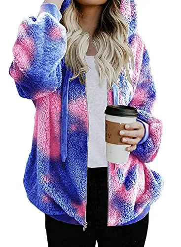 Womens Full Zip Up Sherpa Hoodie Fuzzy Fleece Jacket Oversized Fluffy Coat with Pockets
