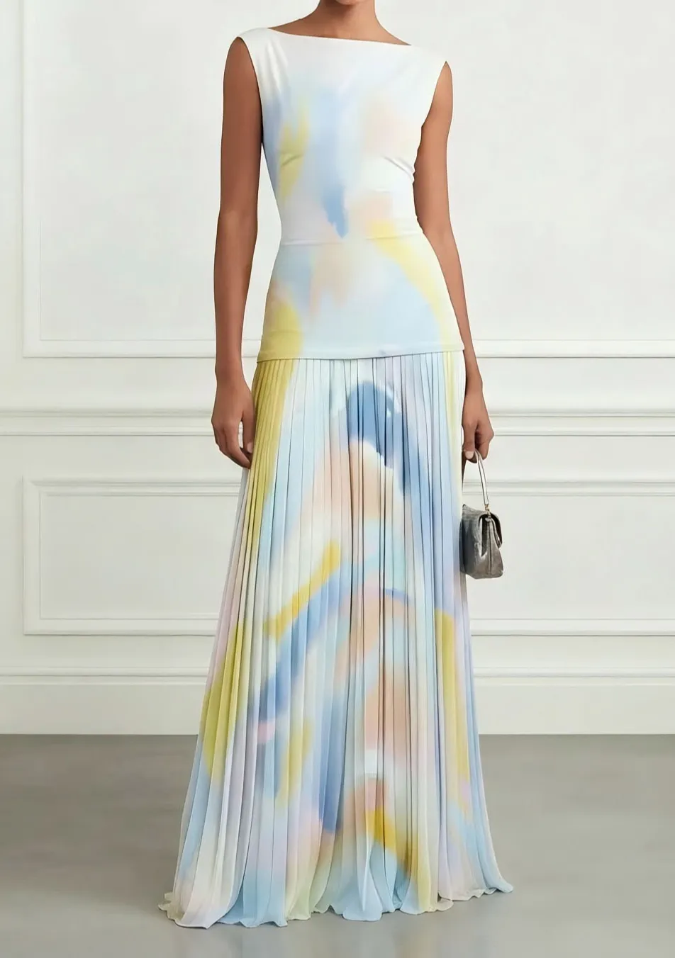 Watercolor Print Pleated Maxi Dress