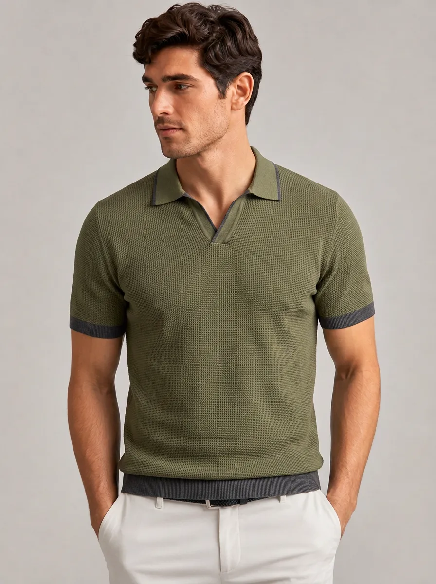 Men's Equestrian Lover Olive Waffle Knit Ribbed Polo Shirt
