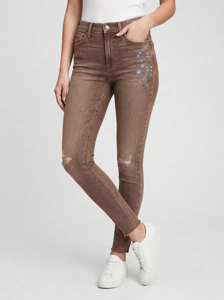 Women's Ridge Floral Embroidered Distressed Graphic Slim Jeans
