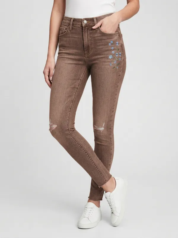 Women's Ridge Floral Embroidered Distressed Graphic Slim Jeans