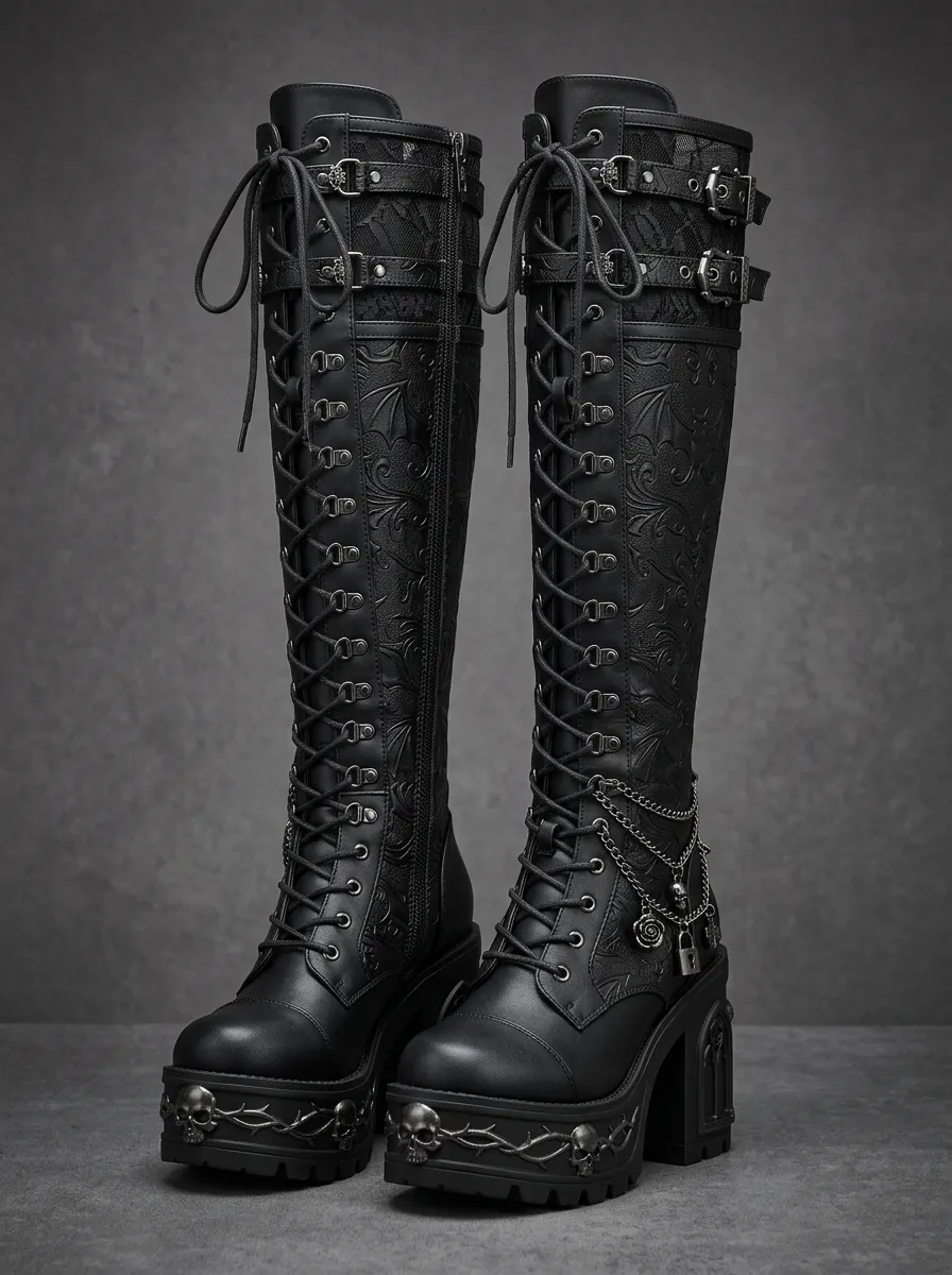 Heritage Skull Bat Chain Detail Women's Gothic Platform Boots