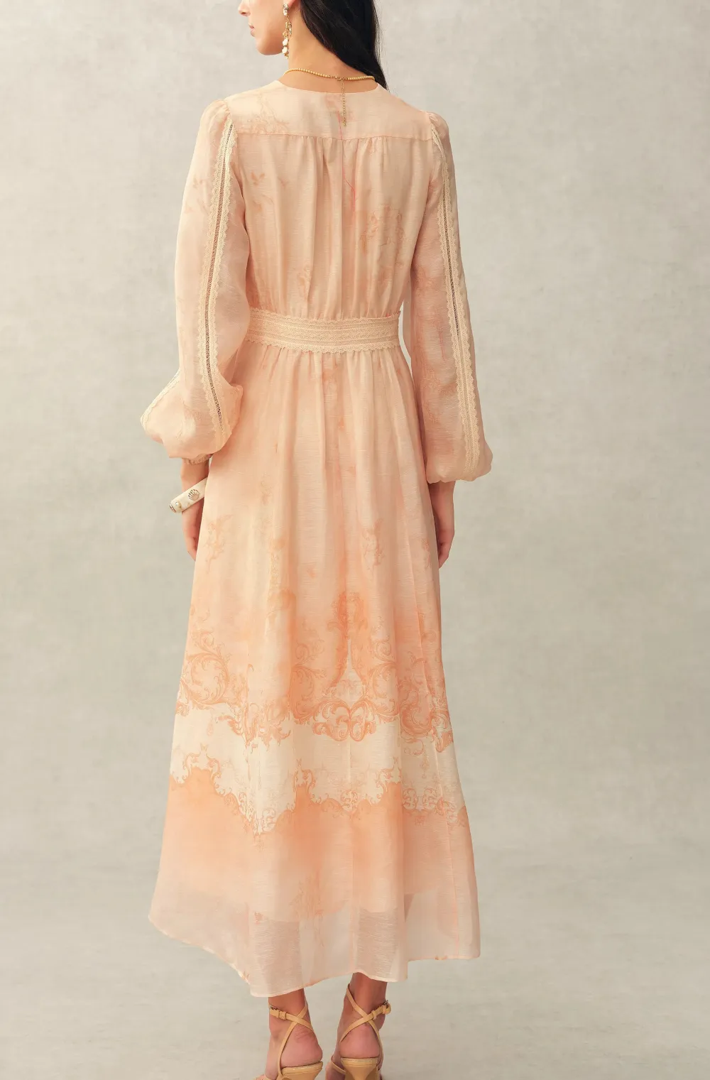 Lace Hand-Painted Floral Silk Linen Organza Midi Dress