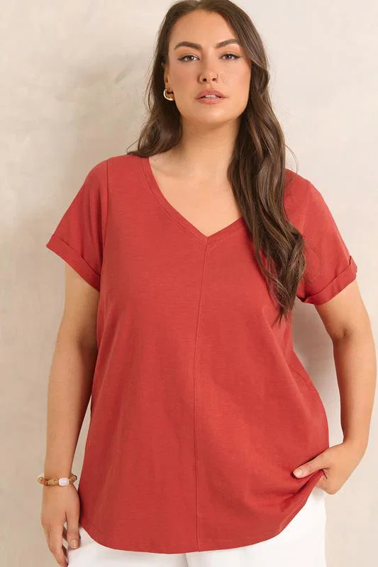 Rust Orange V-Neck Cotton T-Shirt detail 1