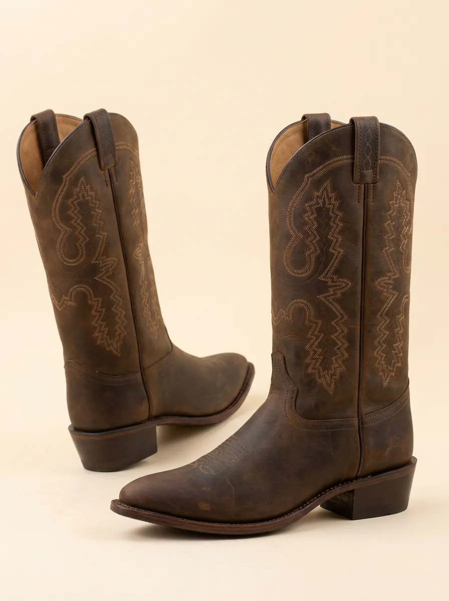 Men's Western Cowboy Brown Stitched Pattern Printed Boots