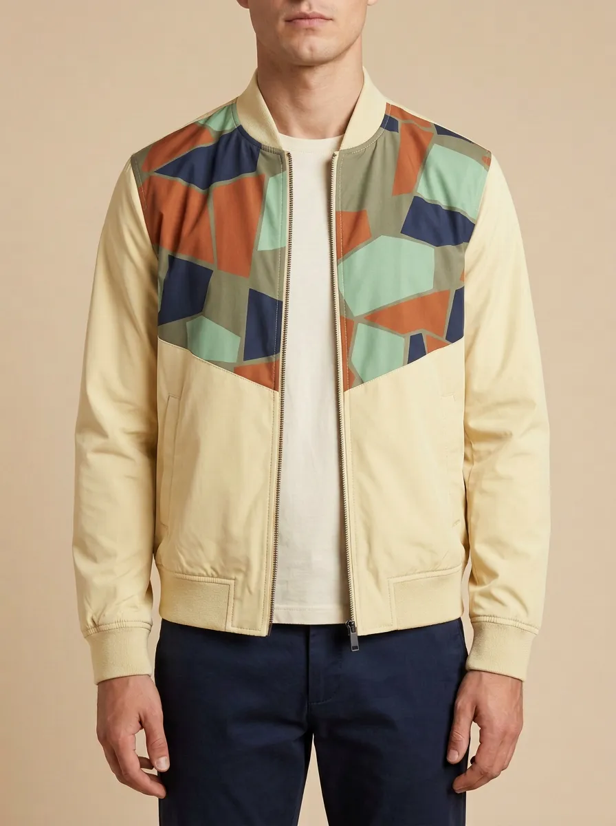 Geometric Print Ribbed Trim Cuffed Sleeves Bomber Jacket