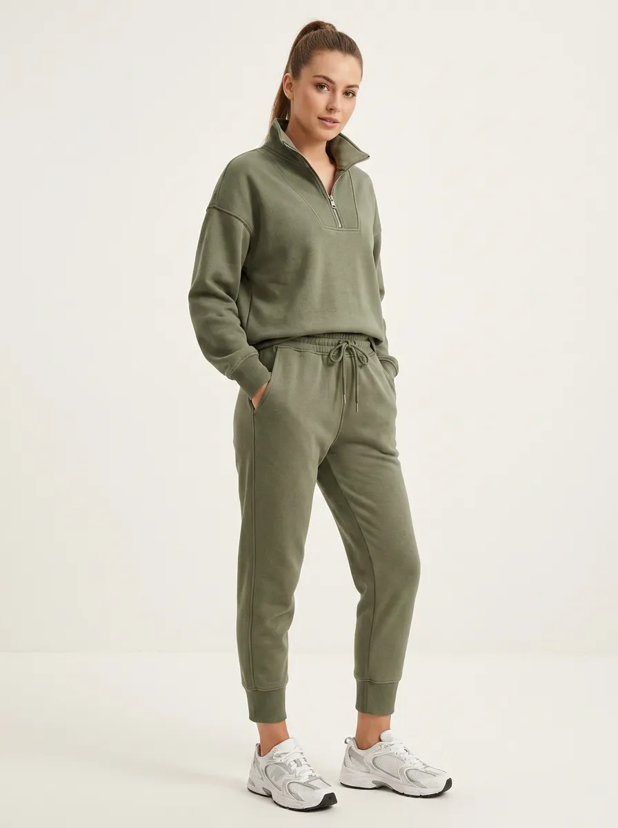 Women's Olive Green Quarter Zip Solid Printed Lounge Set