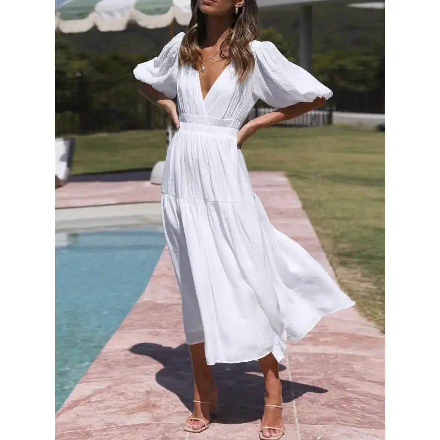 Neck V-Neck Puff Sleeve Midi Dress