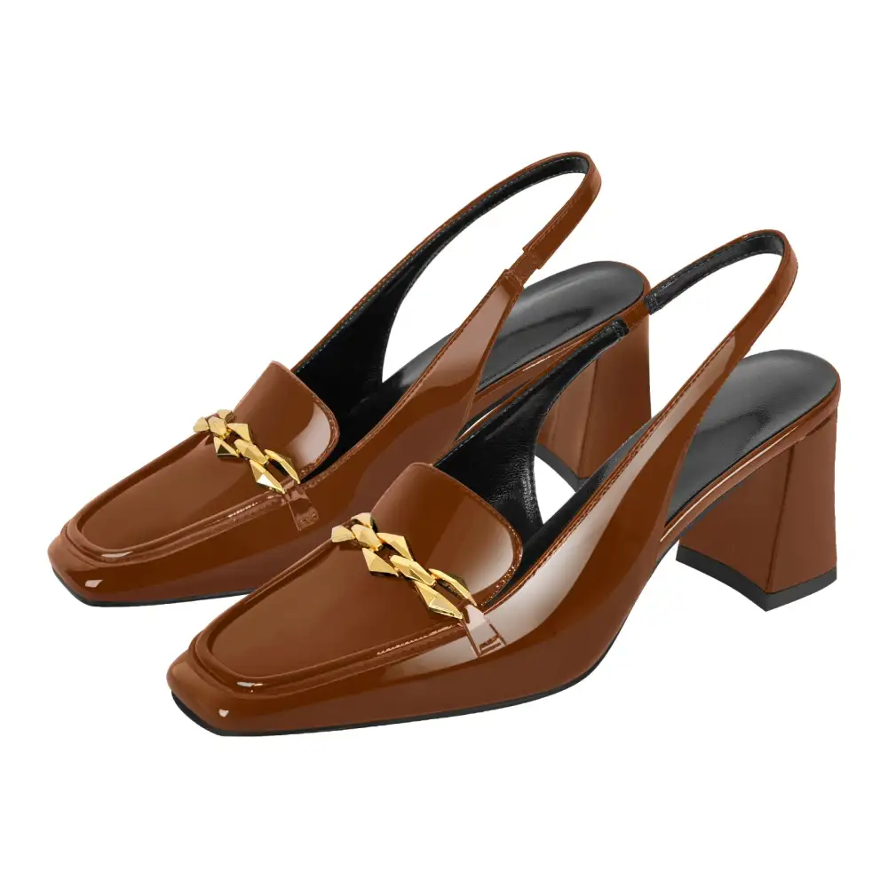 Patent Finish Square Toe Chunky Heel Slingback Pumps