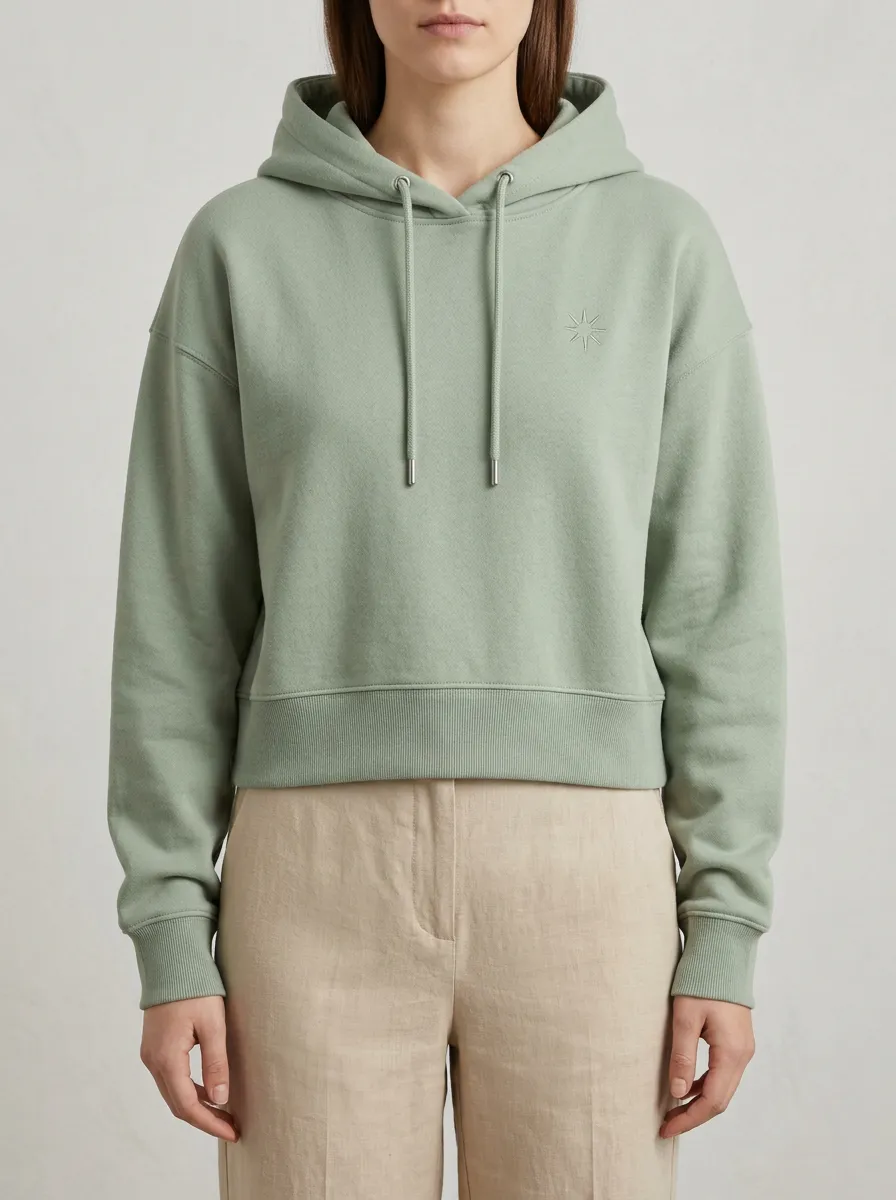 Women's Minimalist Sage Green Star Embroidered Cropped Hoodie