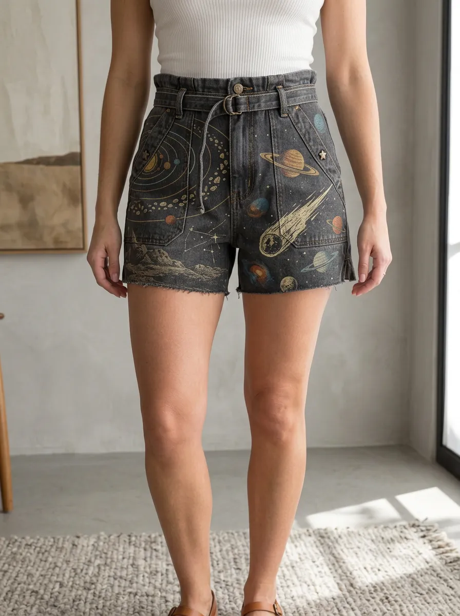 Women's Astronomy Lover Solar System Comet Printed Shorts
